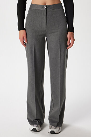 Ritnice Women's Tina Tok Textured Buttoned Anthracite Palazzo Pants 5156