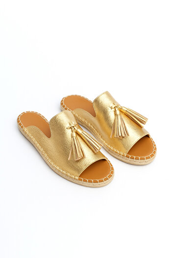 Wildco Genuine Leather Women's Espadrille Slippers Narrow Fit, Gold Leather Espadrille Slippers, Jute Weave Shiny Leather Espadrille