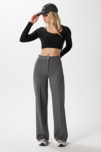 Ritnice Women's Tina Tok Textured Buttoned Anthracite Palazzo Pants 5156
