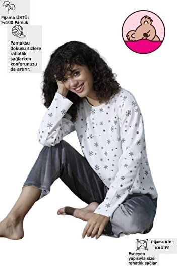Mihra Women's Crew Neck Drop Shoulder Interlock Cotton Top Velvet Bottom Winter Pajamas Tracksuit Set
