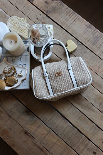 Moom Bag Women's White Double Stripe Straw Textured Daily Hand Shoulder Bag