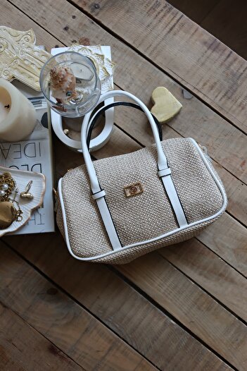 Moom Bag Women's White Double Stripe Straw Textured Daily Hand Shoulder Bag