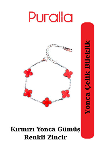 Puralia Clover Steel Bracelet - Red Silver Color Chain