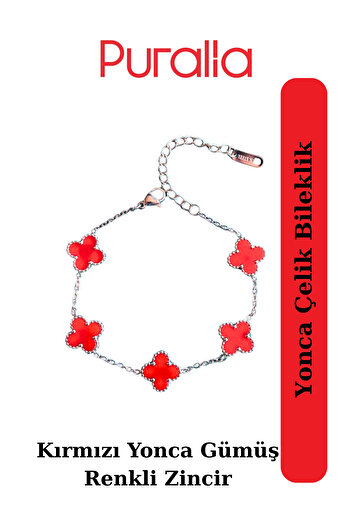 Puralia Clover Steel Bracelet - Red Silver Color Chain