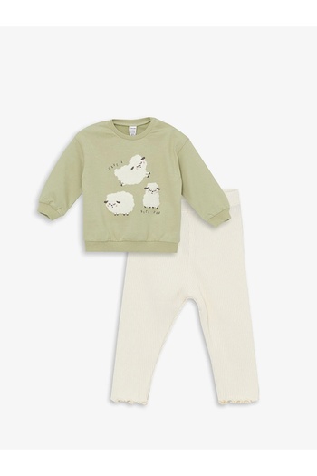 LC Waikiki Lcw Baby Green Crew Neck Long Sleeve Printed Baby Girl Sweatshirt and Leggings 2-Piece Set
