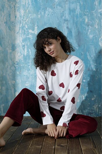 Mihra Women's Crew Neck Oversized Drop Shoulder Interlock Cotton Top Velvet Bottom Winter Pajamas Tracksuit Set