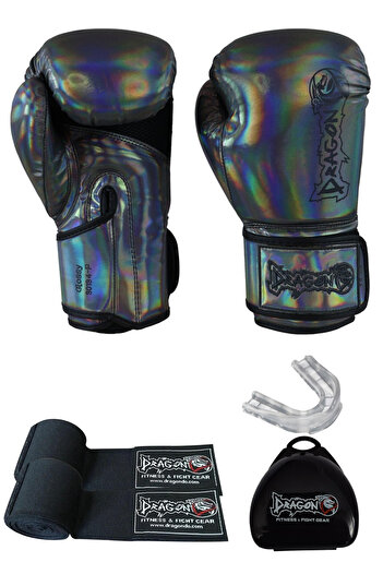 Dragondo Dragon Glossy Kick Boxing Gloves Muay Thai Sparring and Training Gloves Set of 3 with Bandage