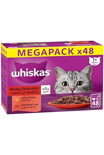 Whiskas Meaty Selection in Gravy Wet Cat Food Mega Pack of 40+8, 80g