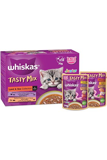 Whiskas Junior Tasty Mix, Land and Sea Collection in Gravy, Pack of 12x70g, Wet Cat Food For Kittens
