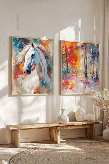 STARYUNA Wooden Framed Oil Painting Effect White Horse and Autumn Forest Double Painting Set Yuna411