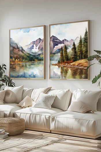 STARYUNA Wooden Framed Watercolor Effect Mountain and Lake View Double Painting Set Yuna420