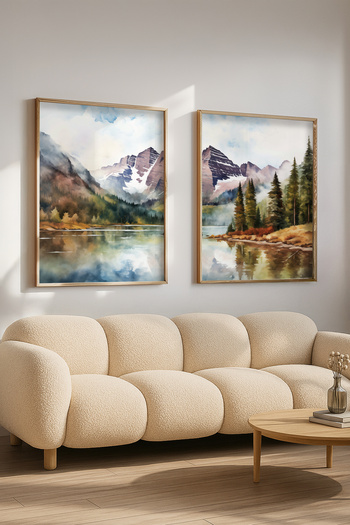 STARYUNA Wooden Framed Watercolor Effect Mountain and Lake View Double Painting Set Yuna420