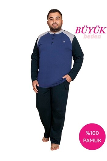 GUAVA+ Men's Large Plus Size Patterned 3 Button 100% Cotton Seasonal Long Sleeve Pajama Set with Pockets