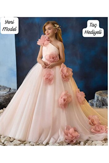 Kids Girl's Evening Dress with Flower Details for Graduation, Wedding, Special Day