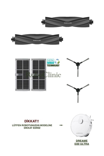 Roboclinic Ανταλλακτική βούρτσα συμβατή με Dreame D20 Ultra Robot Vacuum Cleaner, Σετ φίλτρων Hepa-6 τεμάχια