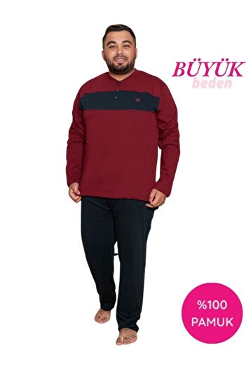 GUAVA+ Men's Large Plus Size Patterned 3 Button 100% Cotton Seasonal Long Sleeve Pajama Set with Pockets