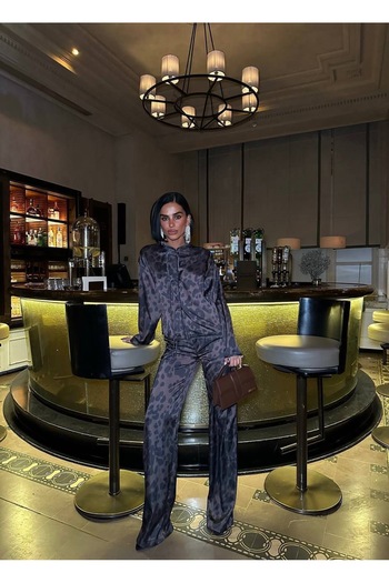 manana fashion Brown Satin Leopard Print Shirt Pants Two Piece Set