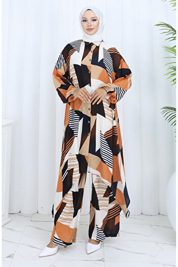 sefamerve Viscose Fabric Tunic Trousers Double Set 2140-02 Brown