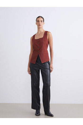 LC Waikiki Burgundy Square Neck Linen Blend Women's Classic Vest