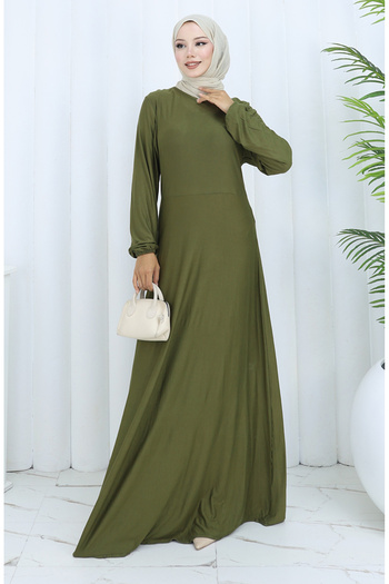 sefamerve Combed Cotton Dress with Elastic Sleeves 2146-01 Khaki