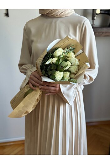 Navra Pleated Skirt + Blouse Set 5076 Light Beige