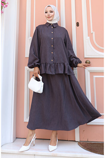 sefamerve Ruffled Tunic Skirt Two-Piece Set 0146-02 Anthracite