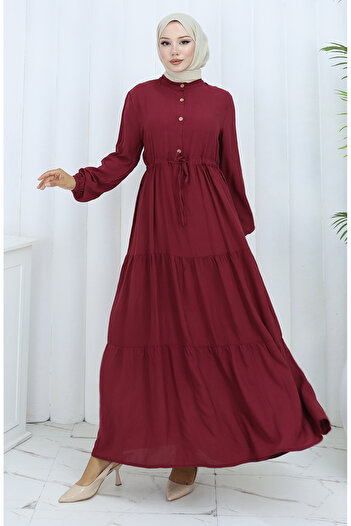 sefamerve Viscose Fabric Half Button Dress 0085-16 Burgundy