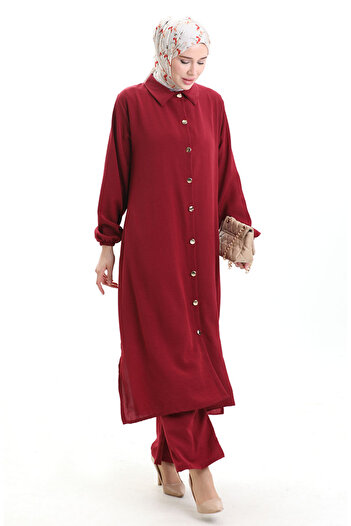 sefamerve Buttoned Long Tunic Trousers Double Suit 0089-06 Burgundy