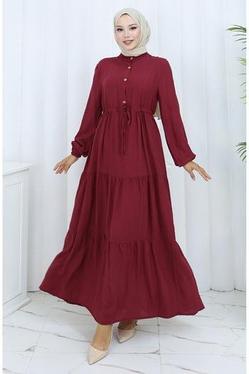 sefamerve Viscose Fabric Half Button Dress 0085-16 Burgundy