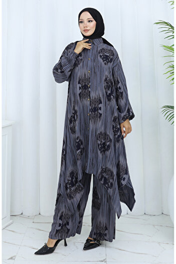 sefamerve Viscose Fabric Tunic Trousers Double Set 2143-02 Gray