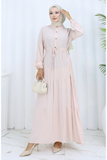 sefamerve Viscose Fabric Half Button Dress 0085-12 Powder