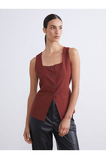 LC Waikiki Burgundy Square Neck Linen Blend Women's Classic Vest