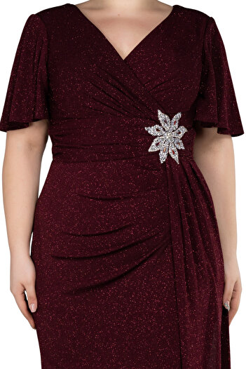 Arden Plus Size Long Evening Dress, Glitter Stone Detail, V-Neck Short Sleeve, Draped Dress, Wedding Mother Evening Dress, 44-58