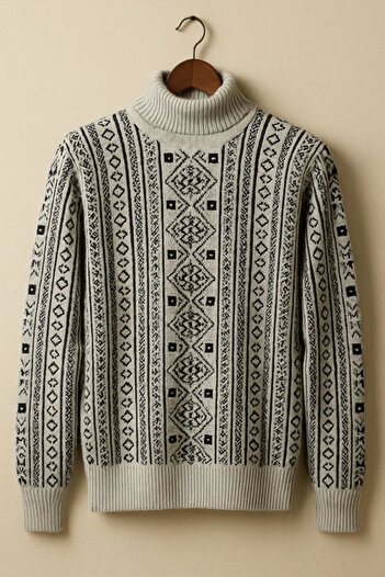 Livio Ferri Moba Patterned Gray High-Necked Thick Sweater Men's Winter Knitwear