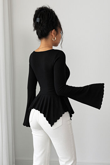 meren like your style Black Spanish Long-Sleeved Skirt Shirred Top Blouse