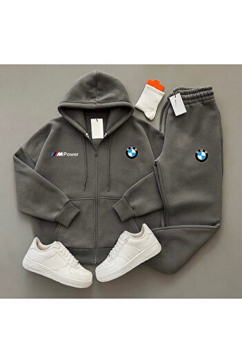 özcstore مجموعة سترة وبنطلون رياضي من New Season Bmw مطبوعة باللون الرمادي المدخن مكونة من 3 خيوط