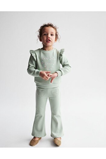 Magu Girl's Cotton Mint Green Love Printed Ruffle Detailed Tracksuit Set - Wide Leg