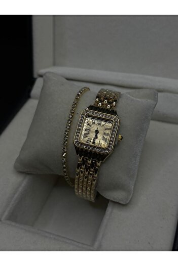 QUARTZ Gold Square Case Roman Numeral Vintage Women's Wristwatch / Retro Cart Series with Water Strap 0108