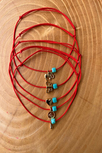 Shepidi 5-Piece Blue Cube Bead Gold Figured Red String Lucky Bracelet