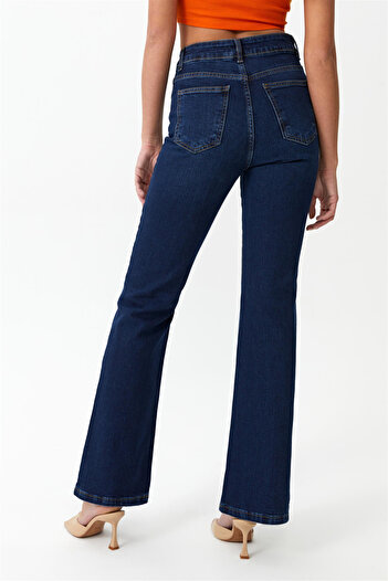 WODDİ Women's Navy Blue Super High Waist Lycra Flare Spanish Leg Jeans Pantalon