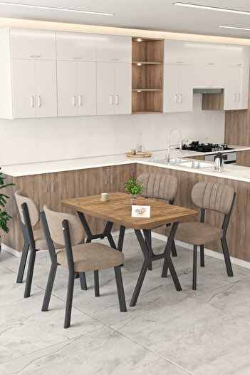 Mygusi Gnr 70x110cm Sabit Atlantik Mutfak Masası Takımı, Yemek Masası, 4 Modern Cappucino Sandalye