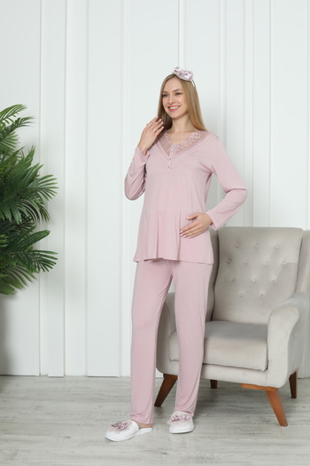 Lohussa Women's Powder Special Design Lace Long Sleeve Cotton Maternity Pajama Set