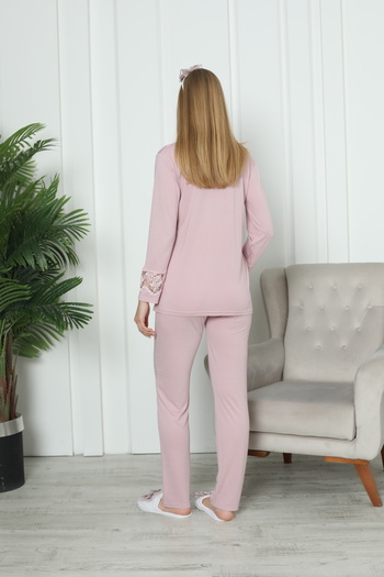 Lohussa Women's Powder Special Design Buttoned Lace Long Sleeve Cotton Maternity Pajama Set