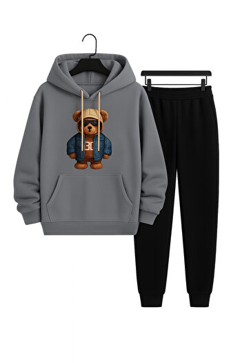 CLASSY.MODA Σετ αθλητικής φόρμας Unisex 2 τεμαχίων |   Μοντέρνο στυλ με κουκούλα και κάτω μέρος με στάμπα Teddy Bear