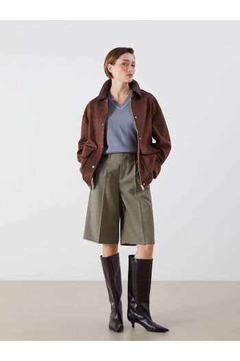 LC Waikiki Brown Shirt Collar Women's Suede Coat