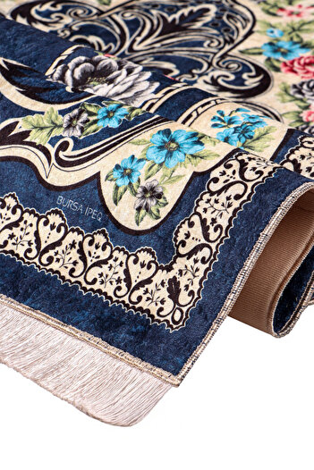 Bursa İpek Navy Blue Sponge Velvet Prayer Rug