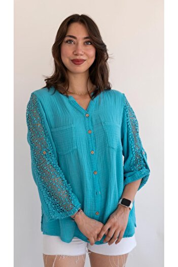 QYA Clothing Geniş Beden Otantik Pamuk Kol Dantel Detaylı Müslin Gömlek