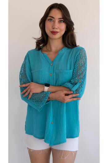 QYA Clothing Geniş Beden Otantik Pamuk Kol Dantel Detaylı Müslin Gömlek