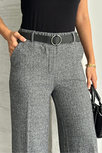 macharel jeans Kadın Desenli Bol Paça Cepli Kemerli Palazzo Pantolon