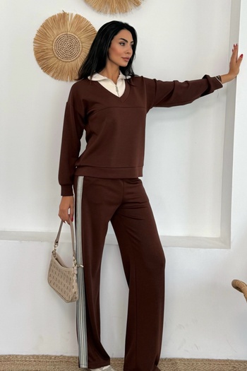 Ded COLLECTION Women's Zippered White Turtleneck Detailed Stripe Detailed Sweatshirt Bottom Modal Set